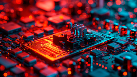 Close-up view of a modern GPU card with circuit and colorful lights. AI generated.の素材