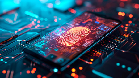 concept of two-factor verification on a smartphone using a fingerprint. AI generated.の素材