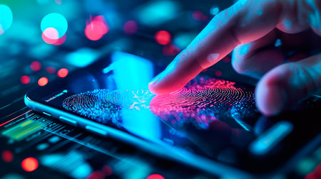 concept of two-factor verification on a smartphone using a fingerprint. AI generated.の素材