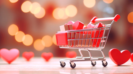 Miniature basket with gifts, sales concept for Valentine's day. AI generatedの素材