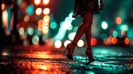 beautiful girl walking through the night city in the illumination light. AI generatedの素材
