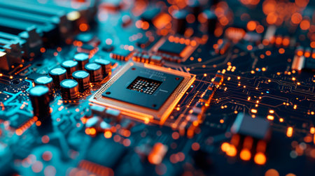 Close-up view of a modern GPU card with circuit and colorful lights. AI generated.の素材