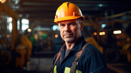 Men industrial engineer wearing a while standing in a heavy industrial factory. AI generated.の素材