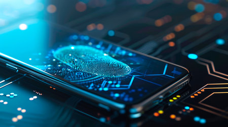 concept of two-factor verification on a smartphone using a fingerprint. AI generated.の素材