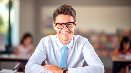 Portrait of a male teacher smiling, with students in the background. AI generated.の素材