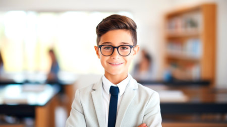 Portrait of a boy student smiling, with students in the background. AI generated.の素材
