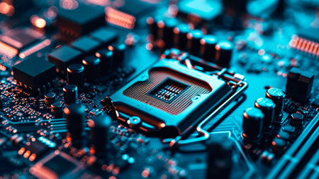 Close-up view of a modern GPU card with circuit and colorful lights. AI generated.の素材