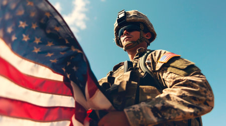 American Soldier holding a machine gun with the national flag of America. AI generatedの素材