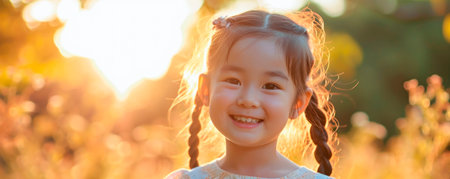 Close up portrait of little girl smiling in backlight. AI generated.の素材