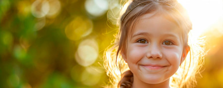 Close up portrait of little girl smiling in backlight. AI generated.の素材