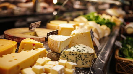 Variety of cheese on counter in cheese shop, closeup viewの素材