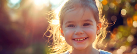 Close up portrait of little girl smiling in backlight. AI generated.の素材