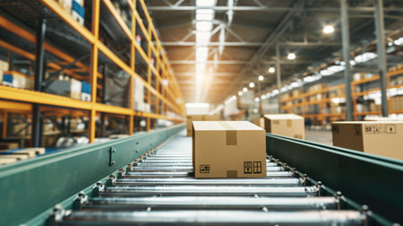 Boxes on conveyor belt in warehouse, freight transportation and distribution warehouse.の素材