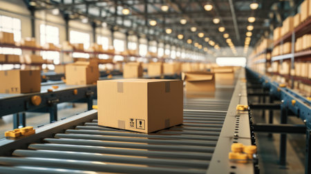 Boxes on conveyor belt in warehouse.の素材