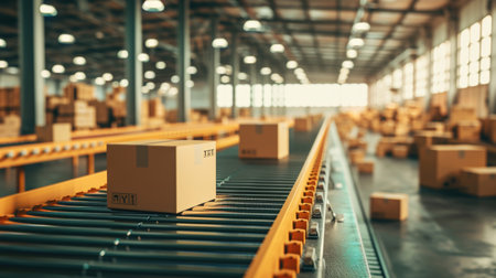Cardboard boxes on conveyor belt in warehouse. 3d renderingの素材