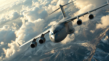 3d illustration of a military airplane flying in the sky over cloudsの素材
