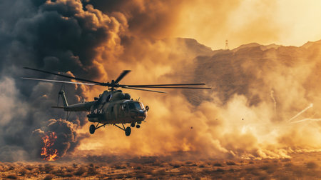 Helicopter in the smoke. Military concept.の素材