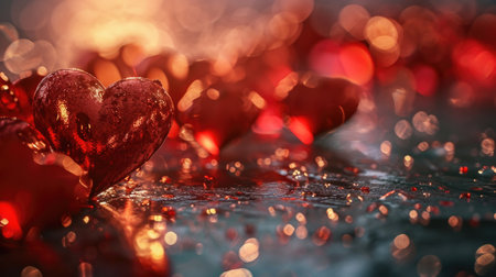Valentines day background with red hearts and bokeh lightsの素材