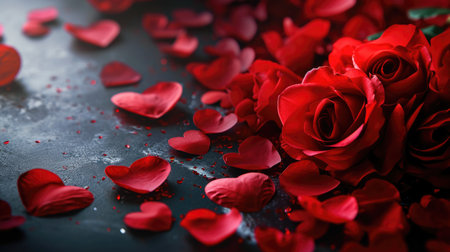 Valentines day background with red rose petals and hearts.の素材