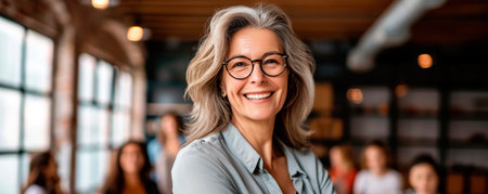 Smiling attractive senior businesswoman wearing glasses head shot, happy aged teacher, successful woman company boss, older female executive.の素材