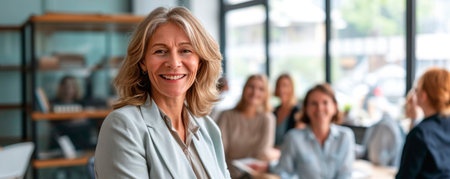 Smiling attractive senior businesswoman wearing glasses head shot, happy aged teacher, successful woman company boss, older female executive.の素材