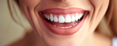 Beautiful female smile after teeth whitening procedure. Dental care. Dentistry concept.の素材