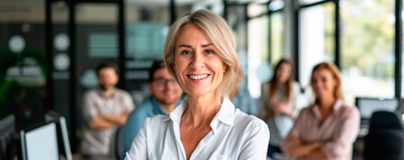 Smiling attractive senior businesswoman wearing glasses head shot, happy aged teacher, successful woman company boss, older female executive.の素材