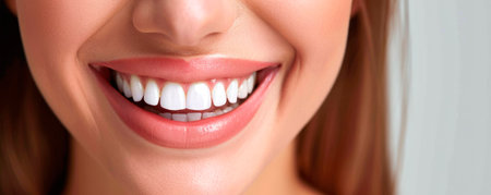 Beautiful female smile after teeth whitening procedure. Dental care. Dentistry concept.の素材