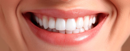 Beautiful female smile after teeth whitening procedure. Dental care. Dentistry concept.の素材