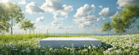 White stone podium in green grass field with flowers and blue sky backgroundの素材