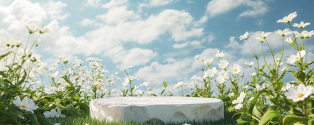 White stone podium in green grass field with flowers and blue sky backgroundの素材
