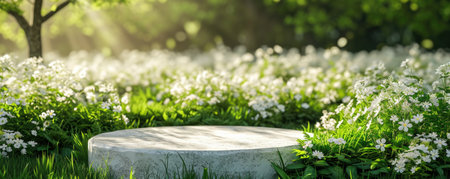 White stone podium on green meadow with grass and flowers ready for product placementの素材