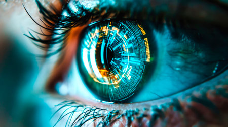 close up view of human eye in darkness with data illustration, robotic concept. AI generatedの素材