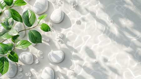 palm leaf, white stones with sun lights shadow in water, beautiful spa background concept banner for cosmetic body care productの素材
