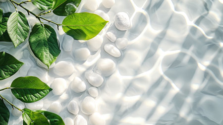 palm leaf, white stones with sun lights shadow in water, beautiful spa background concept banner for cosmetic body care productの素材