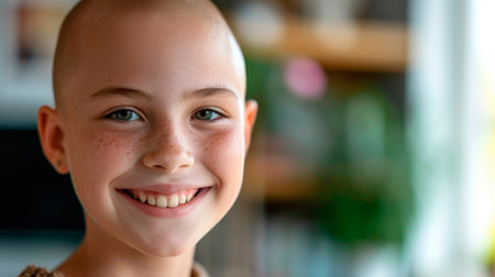 Little girl after chemotherapy in clinic. International Childhood Cancer Dayの素材