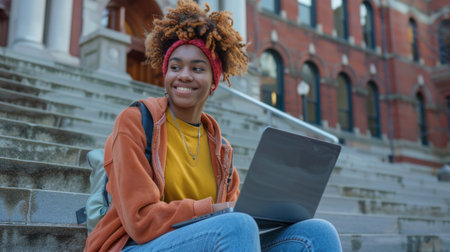Portrait of beautiful young African American woman student sitting at a steps in the city with notebook making study plansの素材