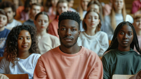 Multiethnic group of university students in lecture hallの素材