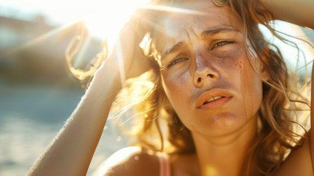portrait of tired sick exhausted woman, beautiful girl is suffering from hot Summer heat stroke, sunshine, hot weather day, sweaty and thirsty, high temperature.の素材