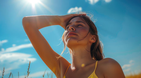 portrait of tired sick exhausted woman, beautiful girl is suffering from hot Summer heat stroke, sunshine, hot weather day, sweaty and thirsty, high temperature.の素材