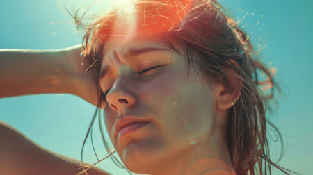 portrait of tired sick exhausted woman, beautiful girl is suffering from hot Summer heat stroke, sunshine, hot weather day, sweaty and thirsty, high temperature.の素材