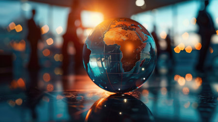 Corporate businesspeople standing around world globe, blurred backgroundの素材