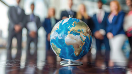 Corporate businesspeople standing around world globe, blurred backgroundの素材