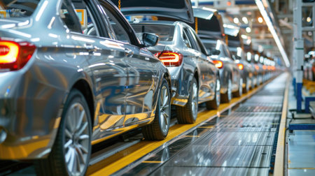 Photo of automobile production line. Welding car body. Modern car assembly plant. Auto industry. High-tech factoryの素材