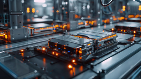 EV Battery Production Factory. Close-up of Lithium-ion High-voltage Battery Components for Electric Vehicle or Hybrid Car. Battery Module for Automotive Industry Production Line.の素材