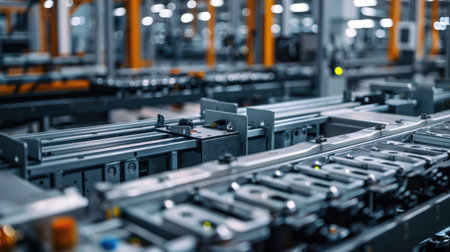 EV Battery Production Factory. Close-up of Lithium-ion High-voltage Battery Components for Electric Vehicle or Hybrid Car. Battery Module for Automotive Industry Production Line.の素材