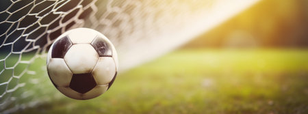 Soccer ball in the goal on a green grass background with copy space, football concept bannerの素材