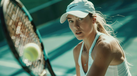 Woman playing tennis at the court and holding racketの素材
