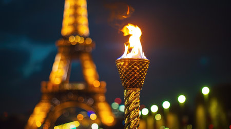 Olympic torch burning, illustration for Olympic games in summer 2024 imagined by AI generative - not the actual event.の素材