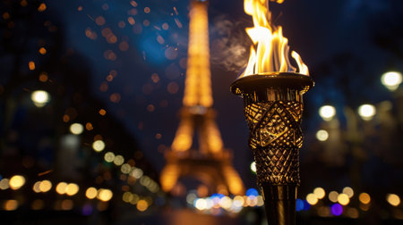 Olympic torch burning, illustration for Olympic games in summer 2024 imagined by AI generative - not the actual event.の素材